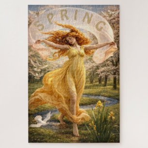 Puzzle Femme Art Nouveau dans une prairie fleurie