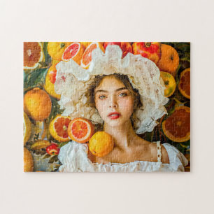 Puzzle Femme avec des fruits citrins et une guirlande de