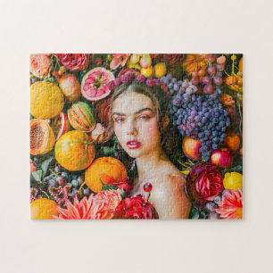 Puzzle Femme avec des fruits citriques et une guirlande d