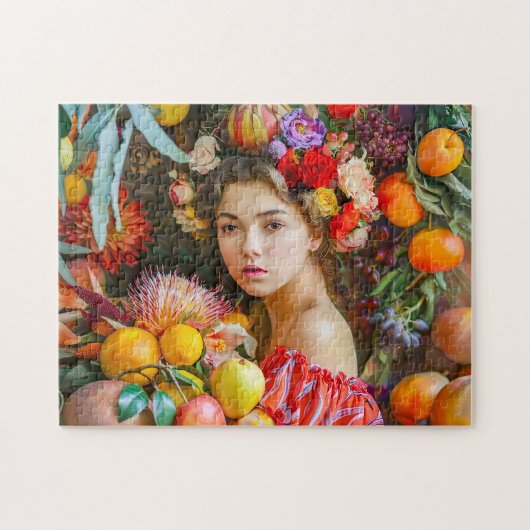 Puzzle Femme avec des fruits mélangés et décoration flora (Horizontal)