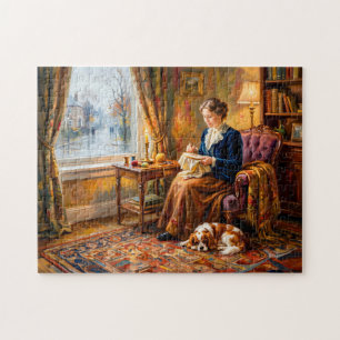 Puzzle Femme brodant près de la fenêtre avec un Cavalier