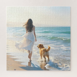 Puzzle Femme et chien marchant sur la plage au coucher du