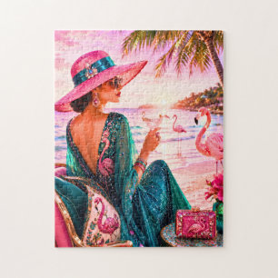 Puzzle Femme Glam Chic sur une Plage Tropicale Thème Flam