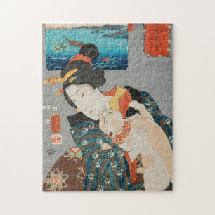 Puzzle Femme jouant avec chat Vintage japonais imprimé
