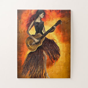 Puzzle Femme Jouer de la guitare rouge ciel Abstrait art 