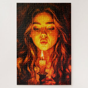 Puzzle Femme mystérieuse soufflant une bougie, peinture à