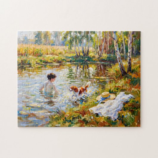 Puzzle Femme se baignant dans un étang avec Cavalier Span (Horizontal)