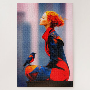 Puzzle Femme surréaliste et oiseau Élégante Chevelure Rou