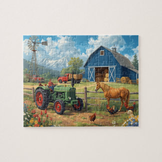 Puzzle Ferme à cheval avec tracteur de la grange bleue Mo