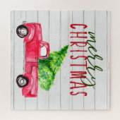 Puzzle Ferme de Noël de Camion Rouge en bois rustique (Horizontal)