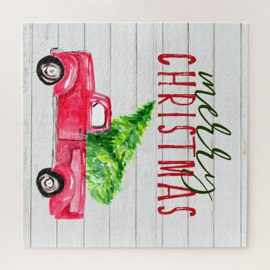 Puzzle Ferme de Noël de Camion Rouge en bois rustique (Horizontal)