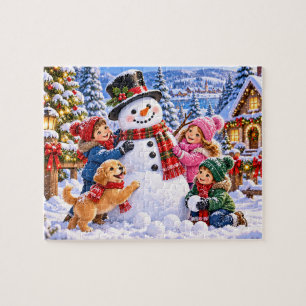 Puzzle Fête de Noël en famille avec bonhomme de neige