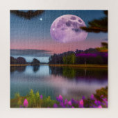Puzzle Feuillage pourpre Lune et lac paisible (Vertical)