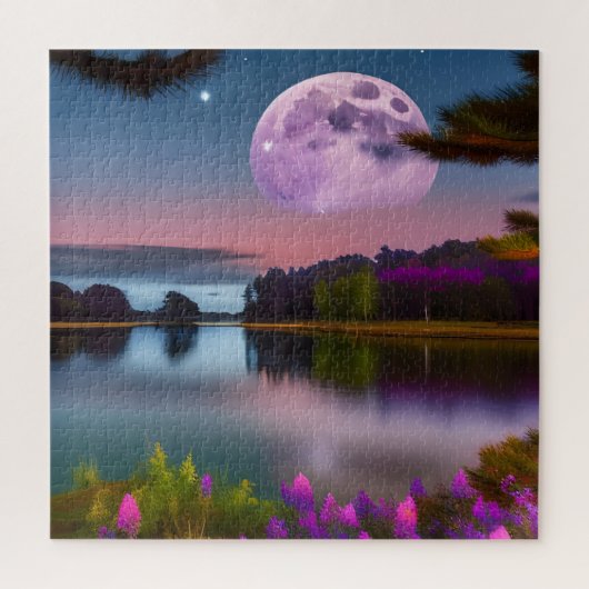 Puzzle Feuillage pourpre Lune et lac paisible (Vertical)