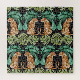 Puzzle Feuilles de tigres : Aquarelle Jungle sans joint.