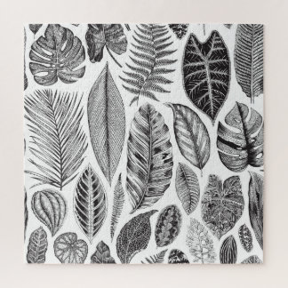 Puzzle Feuilles exotiques, vintage floral noir et blanc.