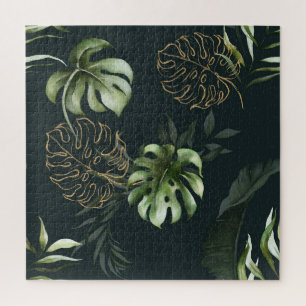 Puzzle Feuilles Tropicaux en or : Aquarelle foncée