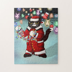 Puzzle Feux de Noël Cute Tuxedo Chat