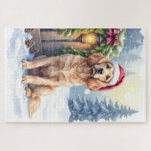 Puzzle Field Spaniel Snowy Fence Santa Hat Christmas Art (Horizontal)