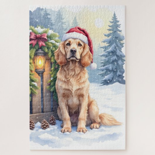 Puzzle Field Spaniel Snowy Fence Santa Hat Christmas Art (Vertical)