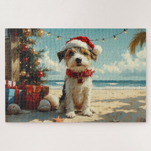 Puzzle Fil Fox Terrier Chien Noël Plage Vintage (Horizontal)