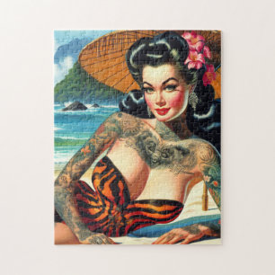 Puzzle Fille à tatouage rétro de plage