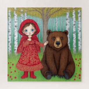 Puzzle Fille adorable et ours dans une forêt fantaisiste