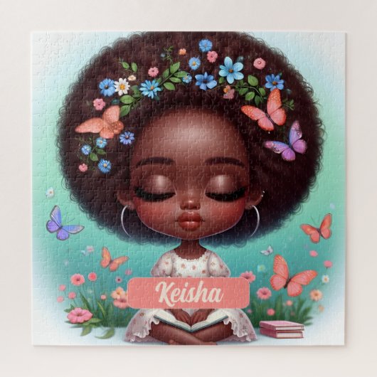 Puzzle Fille afro-américaine personnalisée avec fleurs (Vertical)