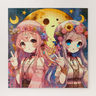 Puzzle Fille Anime Hippie Lune Filles Faisant Signe de Pa