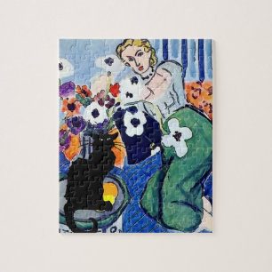 Puzzle Fille au téléphone avec Fleurs et Chat