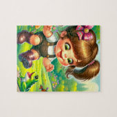 Puzzle Fille aux grands yeux et grenouille verte (Horizontal)