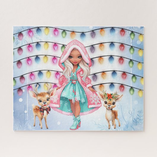 Puzzle fille avec 2 petits cerfs et lumières de Noël (Horizontal)