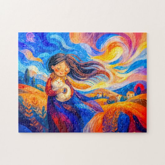 Puzzle Fille avec chat dans des couleurs fluides et vente (Horizontal)