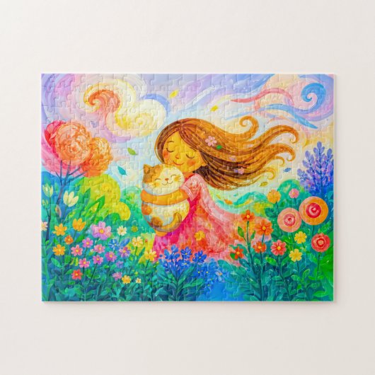 Puzzle Fille avec chat dans un jardin d'été venteux (Horizontal)