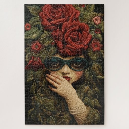 Puzzle Fille avec des lunettes et des roses brodées (Vertical)