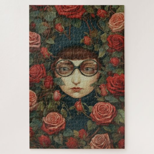 Puzzle Fille avec lunettes entourée de roses (Vertical)