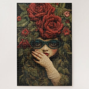 Puzzle Fille avec lunettes et roses brodés