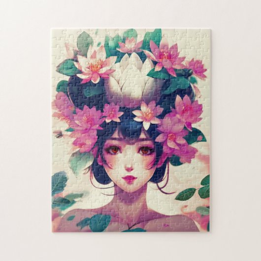 Puzzle Fille d'anime couronnée de fleurs de lotus (Vertical)