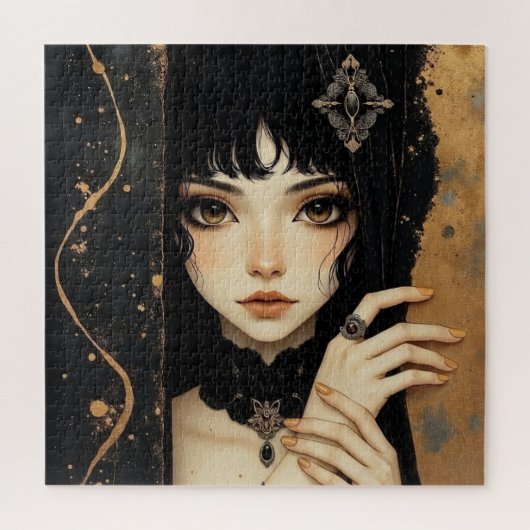 Puzzle Fille d'anime gothique noir et or (Vertical)