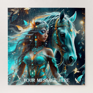 Puzzle Fille de fantaisie & cheval sous un ciel rempli d'