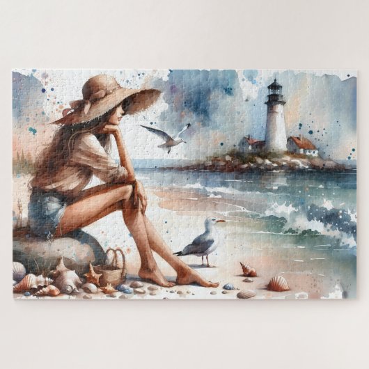 Puzzle Fille de la plage côtière & phare (Horizontal)