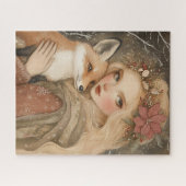 Puzzle Fille de Noël Vintage avec Fox Winter (Horizontal)