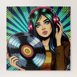 Puzzle Fille de style pop art comic avec album vinyle