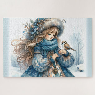 Puzzle Fille d'hiver avec oiseau en manteau floral bleu