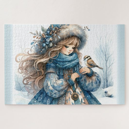 Puzzle Fille d'hiver avec oiseau en manteau floral bleu (Horizontal)