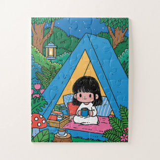 Puzzle Fille en camping dans une tente confortable la nui