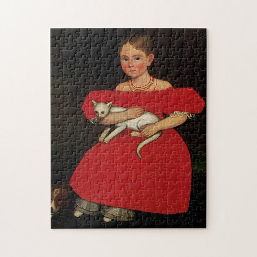 Puzzle Fille en rouge avec son chat et chien (Vertical)