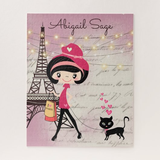 Puzzle Fille et chat personnalisés à Paris Tour Eiffel (Vertical)