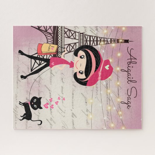 Puzzle Fille et chat personnalisés à Paris Tour Eiffel (Horizontal)
