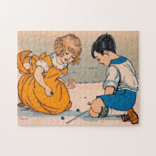 Puzzle fille et garçon des années 1920 jouant aux billes